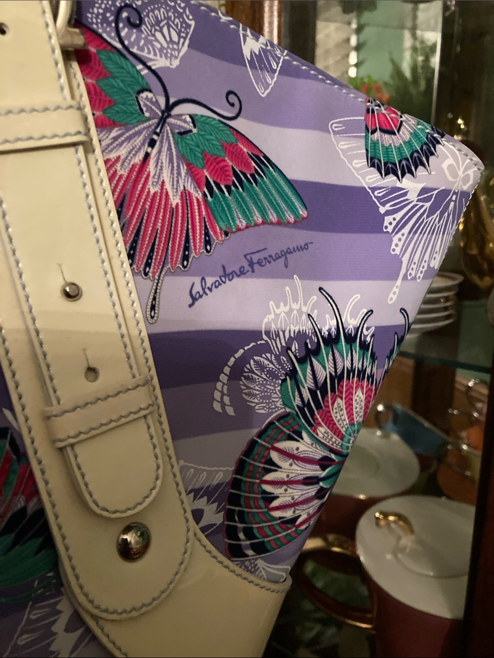 Salvatore Ferragamo Lavender & White Striped Patent Leather Buckle Shopper Tote - Picture 2 of 12